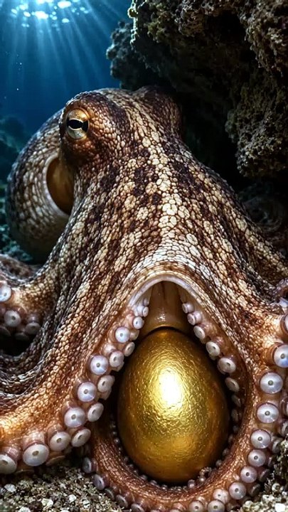 🐙🥚✨ What if an octopus discovered a magical golden egg beneath the sea_ 🌊💛Would you keep it, protect it, or leave it where you found it_ Tell us in the comments! 👇 #FantasyArt #OceanMagic #GoldenEgg #Octopus