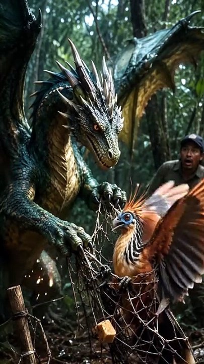 🕊️✨ What if a dragon used its strength to help a tangled Hoatzin instead of causing destruction_ Do you think even mythical creatures can be heroes_ Share your thoughts below! 👇    #FantasyArt #Dragon #Hoatzin #Ki