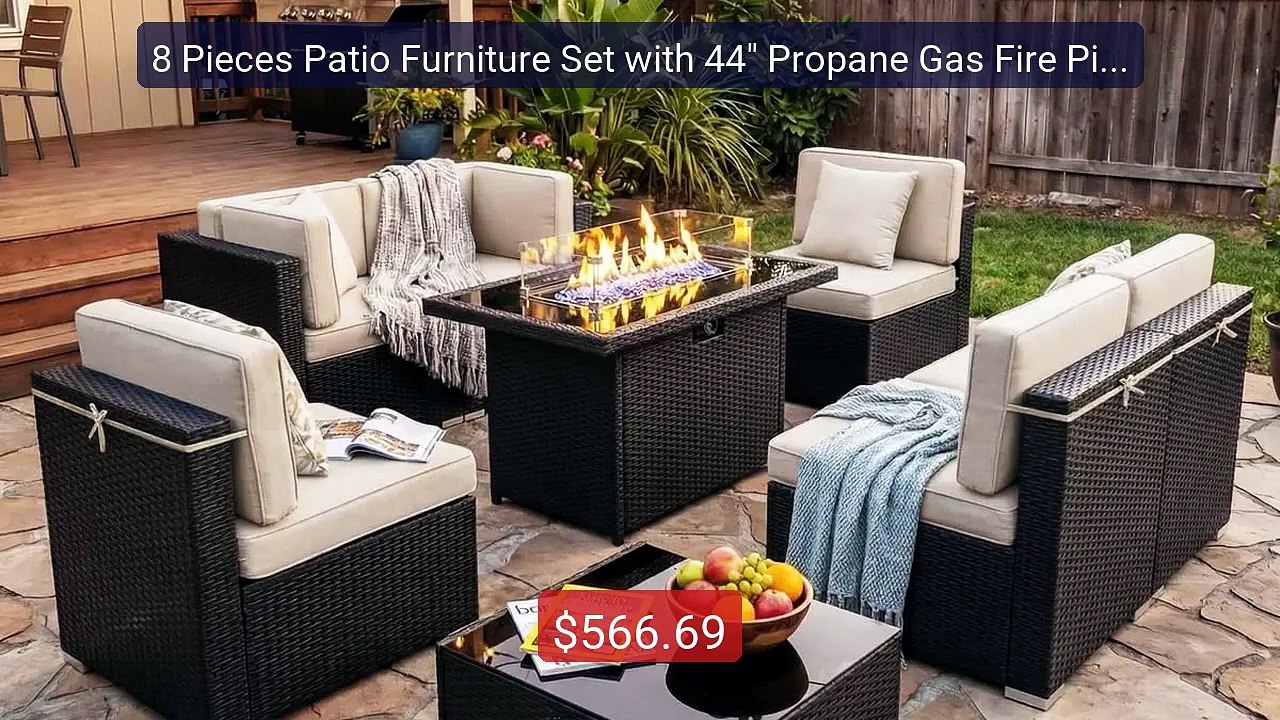 8 Pieces Patio Furniture Set with 44" Propane Gas Fire Pit Tab... -- Hot Deal 2026 | Limited Offer!