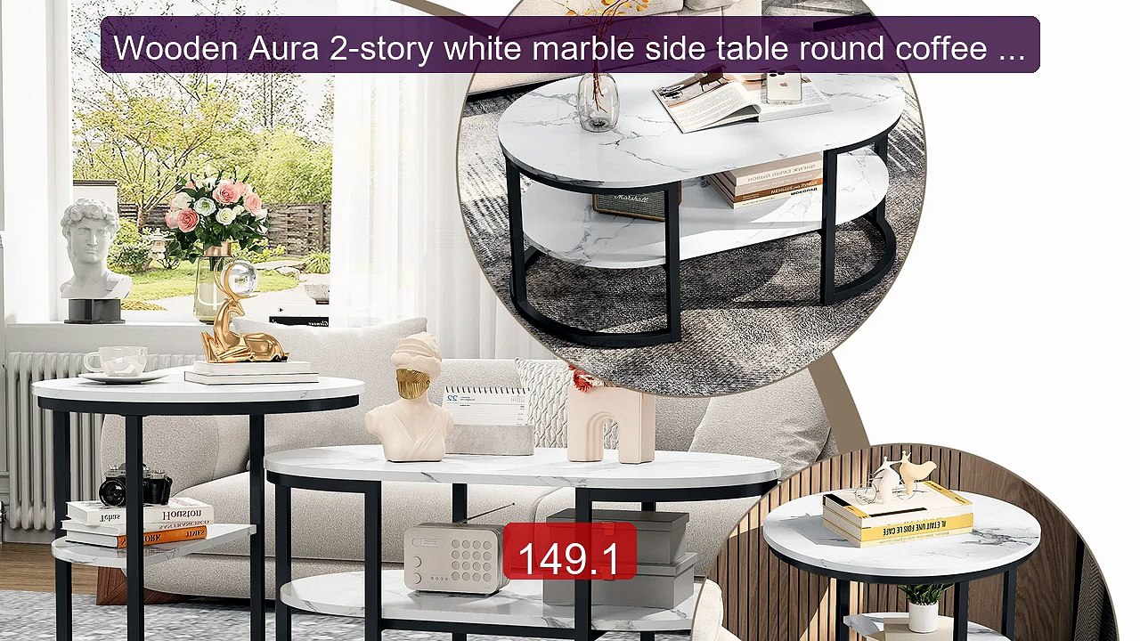 Wooden Aura 2-story white marble side table round coffee ta... -- Top Pick 2026 | Unbeatable Price!
