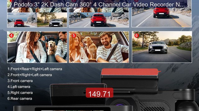 Podofo 3 2K Dash Cam 360° 4 Channel Car Video Recorder Night Visio... Top Rated 2026 | Buy Now!