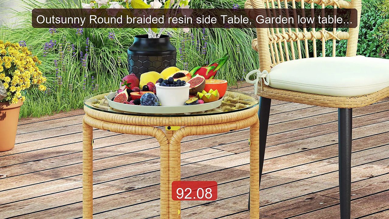Outsunny Round braided resin side Table, Garden low table with gla... -- Best Deal 2026 | Shop Now!