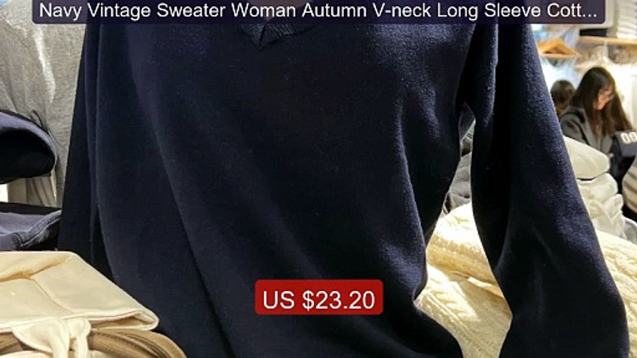 Navy Vintage Sweater Woman Autumn V-neck Long Sleeve Cotton Pullove... -- Top Rated 2026 | Buy Now!
