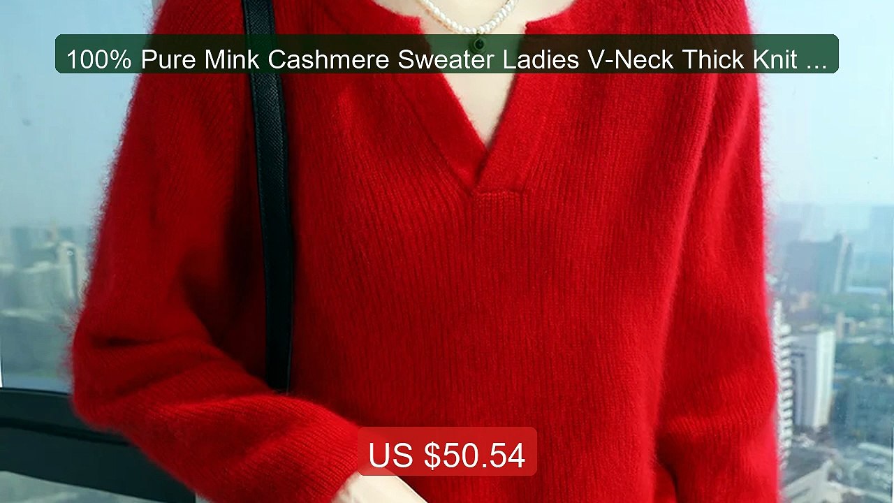 100% Pure Mink Cashmere Sweater Ladies V-Neck T...