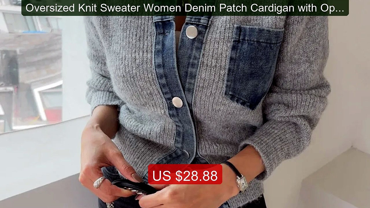 Oversized Knit Sweater Women Denim Patch Cardigan with Open Front K... -- Top Rated 2026 | Buy Now!