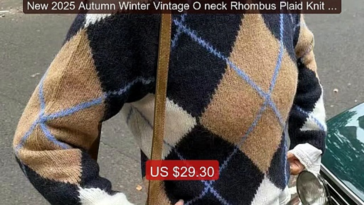 New 2025 Autumn Winter Vintage O neck Rhombus Plaid Knit Sweat... -- Best Buy 2026 | Great Quality!