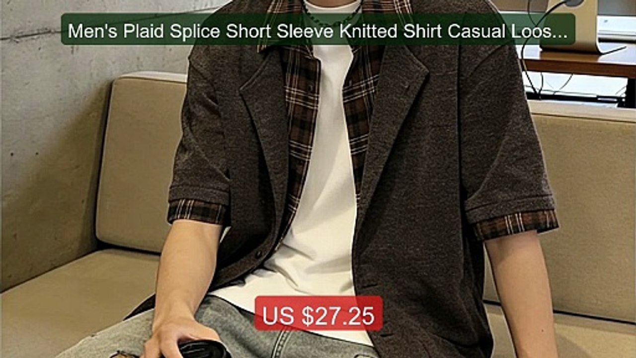 Men's Plaid Splice Short Sleeve Knitted Shirt Casual Loose Fit Summ... -- Top Rated 2026 | Buy Now!