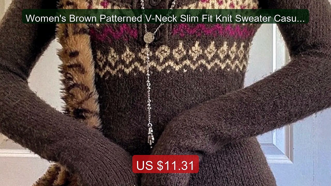 Women's Brown Patterned V-Neck Slim Fit Knit Sweater Casual Lo... -- Best Buy 2026 | Great Quality!