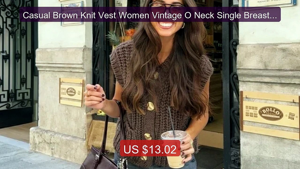 Casual Brown Knit Vest Women Vintage O Neck Single Breasted... -- Top Pick 2026 | Unbeatable Price!