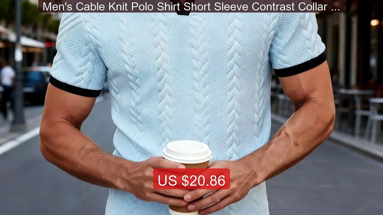 Men's Cable Knit Polo Shirt Short Sleeve Contrast Collar V-Nec... -- Best Buy 2026 | Great Quality!