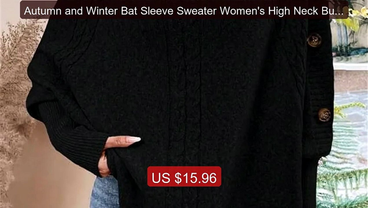 Autumn and Winter Bat Sleeve Sweater Women's High Neck Button Desi... -- Best Deal 2026 | Shop Now!