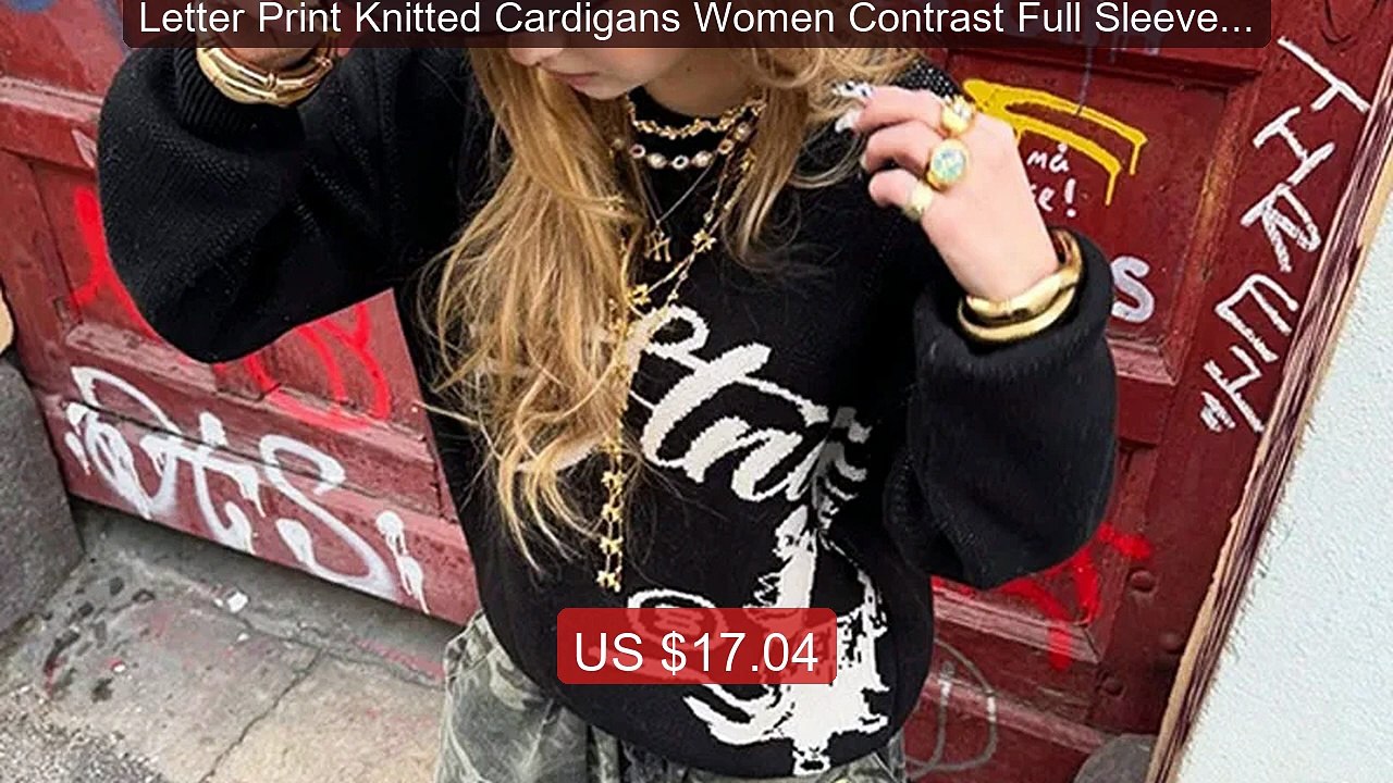 Letter Print Knitted Cardigans Women Contrast Full Sleeve Zip... -- Amazing Value 2026 | Must Have!