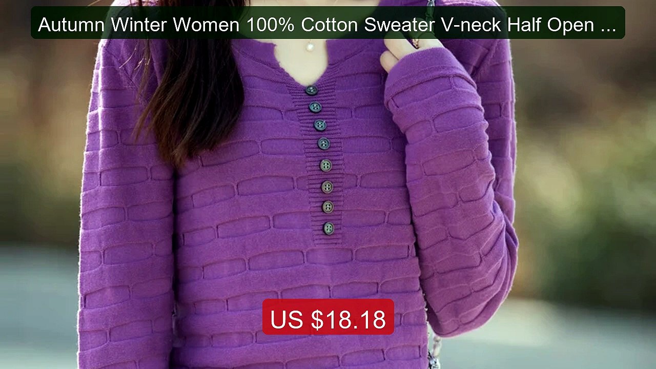 Autumn Winter Women 100% Cotton Sweater V-neck Half Open Bu... -- Top Pick 2026 | Unbeatable Price!