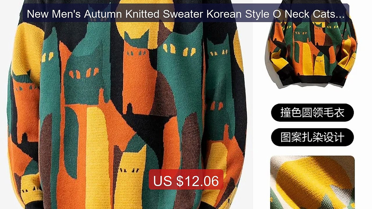 New Men's Autumn Knitted Sweater Korean Style O Neck Cats Graphic P... -- Top Rated 2026 | Buy Now!