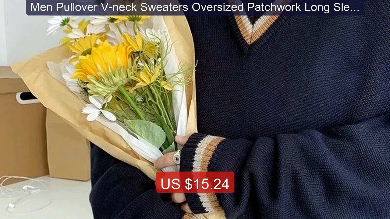 Men Pullover V-neck Sweaters Oversized Patchwork Long Sleeve B... -- Best Buy 2026 | Great Quality!