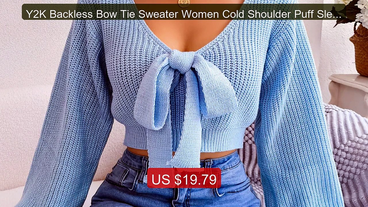 Y2K Backless Bow Tie Sweater Women Cold Shoulder Puff Sleeve P... -- Hot Deal 2026 | Limited Offer!