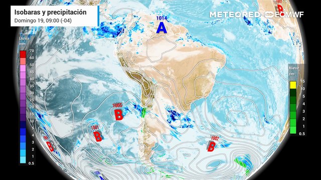 Pronóstico de isobaras y precipitación: Domingo 19 de julio