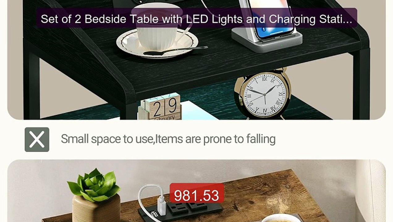Set of 2 Bedside Table with LED Lights and Charging Station,Side Ta... -- Top Rated 2026 | Buy Now!