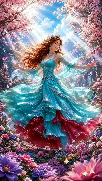 A happy Princess enjoying at a floral garden.