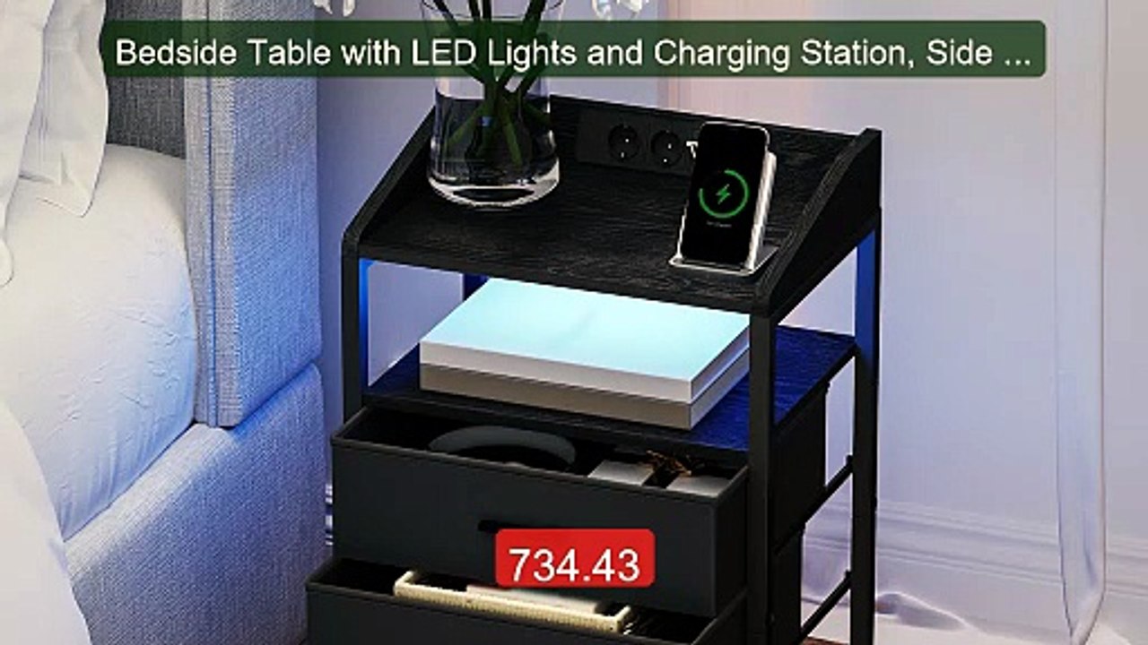 Bedside Table with LED Lights and Charging Station, Side Table... -- Hot Deal 2026 | Limited Offer!