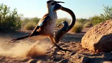 Greater roadrunner outrunning a rattlesnake and pinning it to the ground