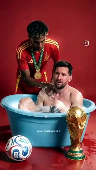 El meme de Lamine Yamal bañando a Messi