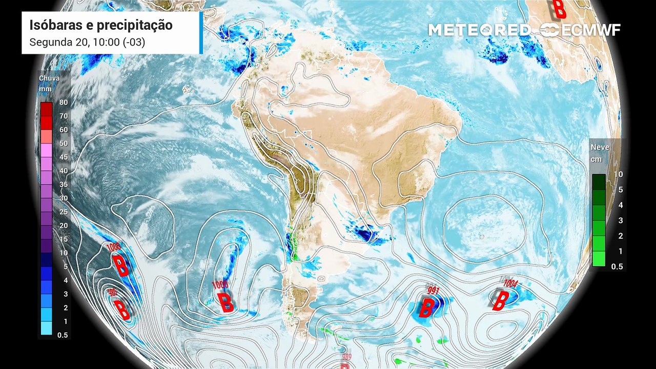 Segunda-feira, 20 de julho: Previsão de precipitação e linhas de pressão (isóbaras)
