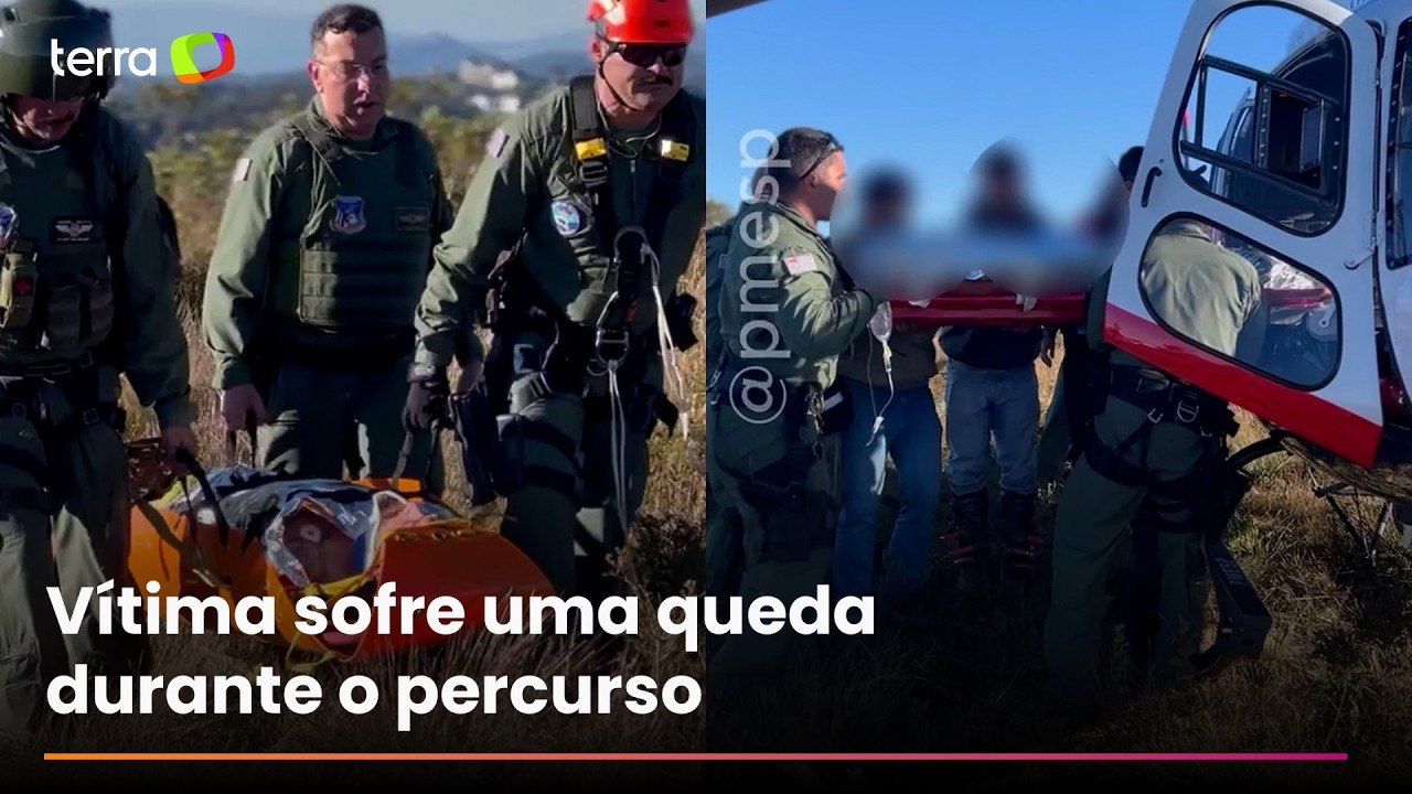 Veja o resgate de motociclista ferido em trilha de difícil acesso em Campos do Jordão