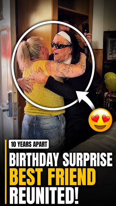 The woman can't hold back tears when her best friend surprises her after 10 years