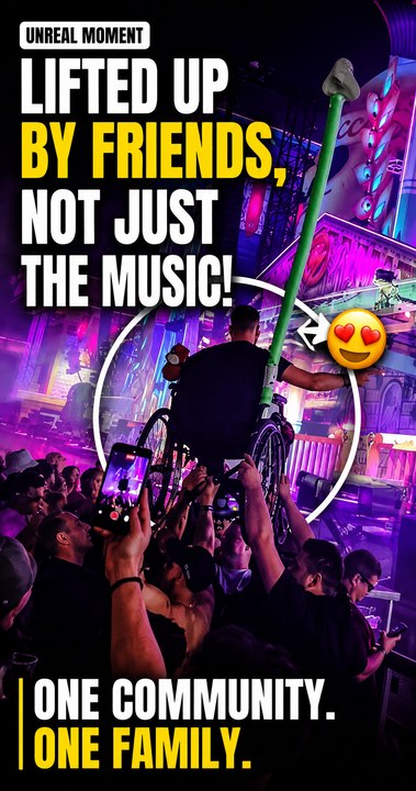 The boy reacts with pure joy when his friends lift him above the festival crowd