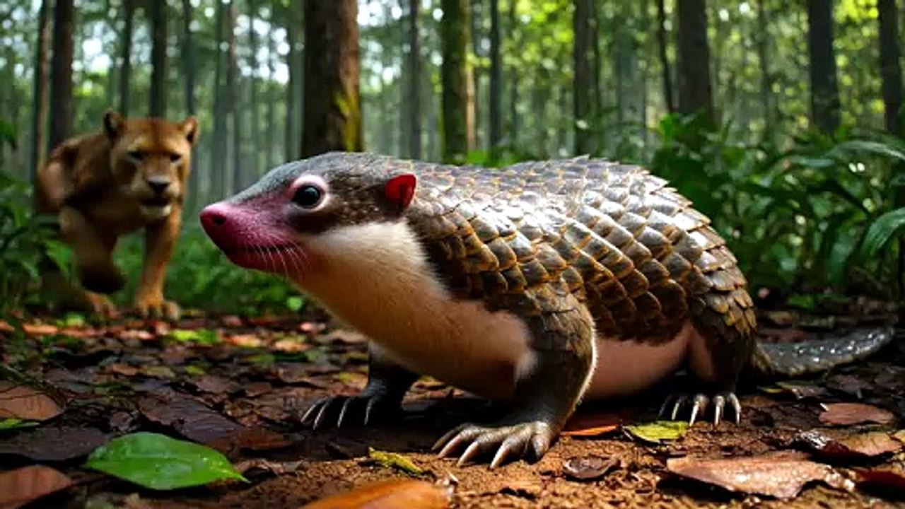 Tree pangolin curled into a ball rolling down a Cameroon jungle slope