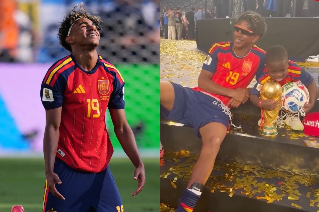 Lamine Yamal's little brother tries to lick the World Cup trophy