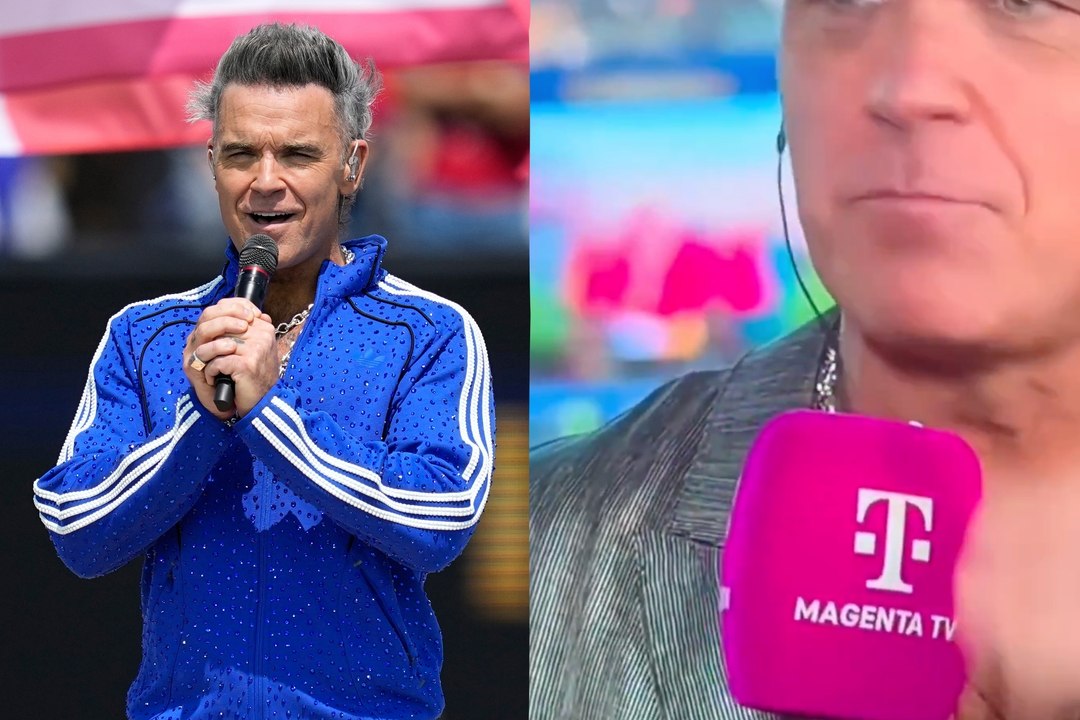 Robbie Williams pokes fun at viral World Cup moment after fans saw 'white substance' fall onto microphone