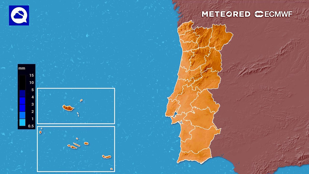 Evolução da precipitação acumulada prevista para Portugal entre sexta-feira e sábado