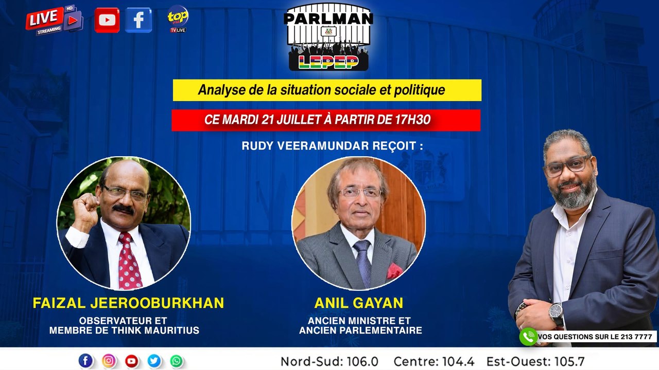 Ne manquez pas votre émission Parlman Lepep sur Top FM, ce mardi 21 juillet à 17 h 30.