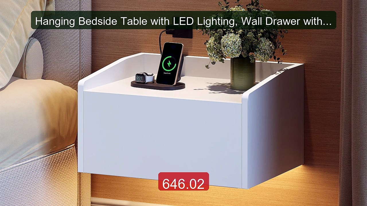 Hanging Bedside Table with LED Lighting, Wall Drawer with 1 Dr... -- Best Buy 2026 | Great Quality!