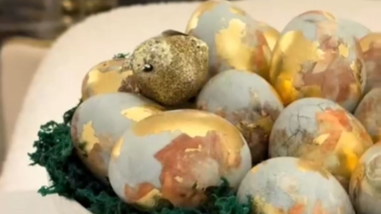 Eggs Are Dyed And Finished With Gold Leaf For A Marble Effect