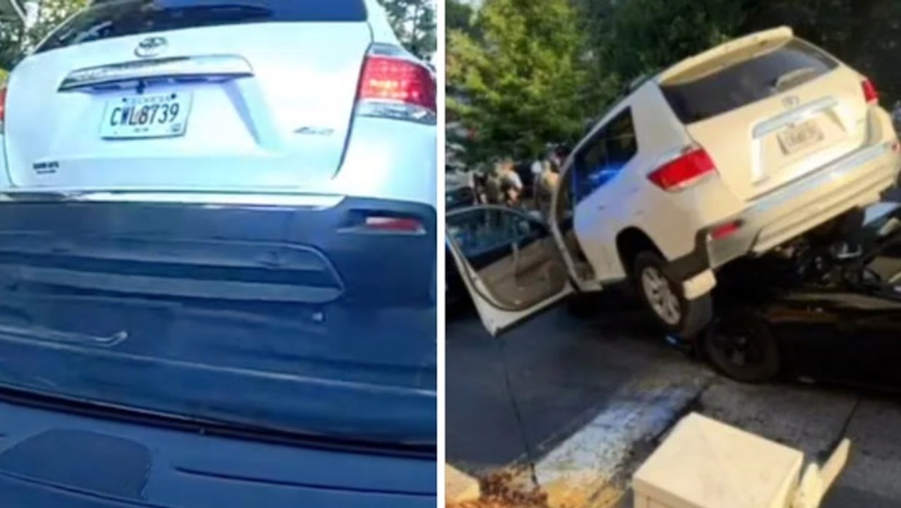 Wild moment suspect’s vehicle ends up on top of police car during chase
