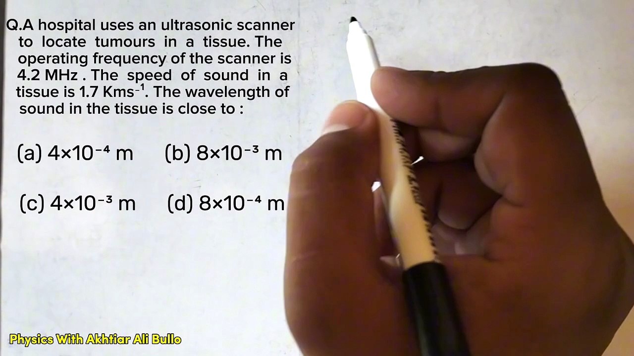 A hospital uses an ultrasonic scanner to locate tumers in a tissue.The operating frequency of scanner is 4.2 MHz, the speed of sound in a tissue is 1.7 kms-1. The wavelength of sound in the tissue is close to