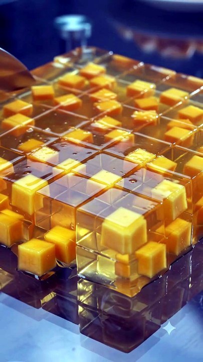 Mango Jelly Sheet Cut into Perfect Cubes | Satisfying Jelly ASMR | Relaxing Food Cutting