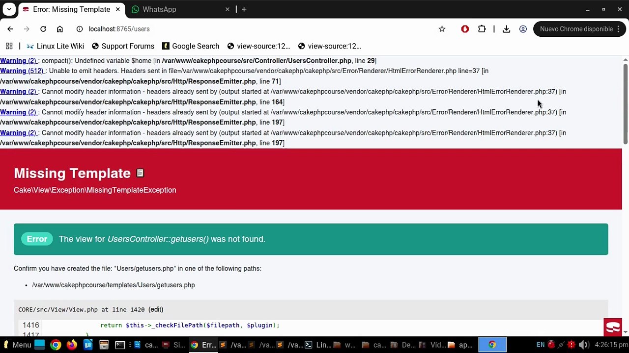Controllers, routes, views, and debugging techniques in CakePHP 4
