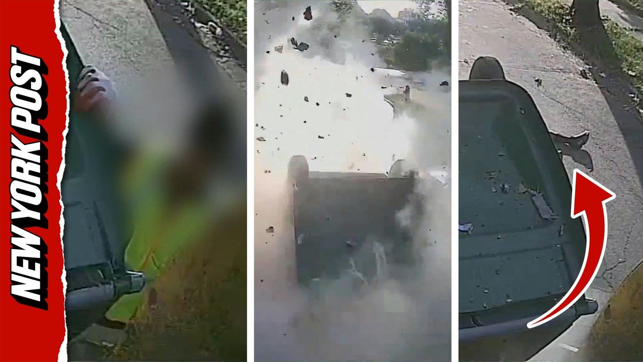 Security camera captures harrowing moment oxygen canister explodes in garbage truck, injuring worker