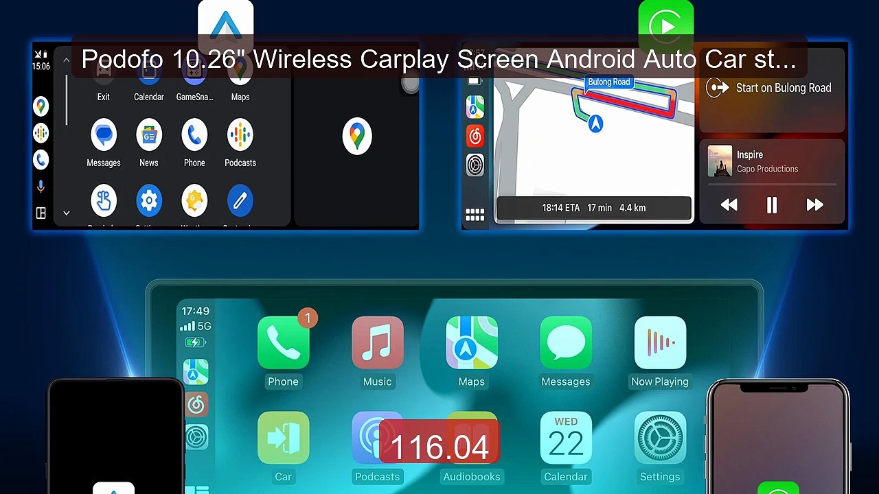Podofo 10.26" Wireless Carplay Screen Android A...