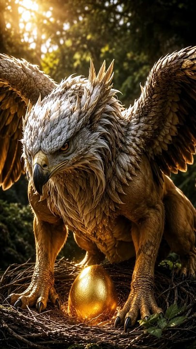 🥚✨ A legendary surprise! What if a majestic griffin laid a shimmering golden egg_ Step into this magical fantasy adventure and let your imagination soar! 🦅🦁  #Griffin #GoldenEgg #Fantasy #MythicalCreatures