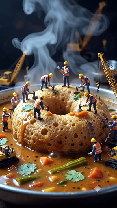 Mini Construction workers on sambhar vada