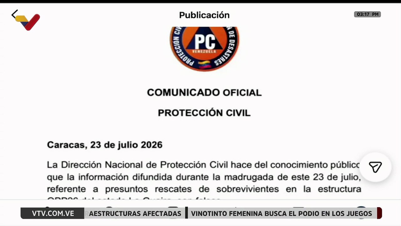 Protección Civil desmiente rumores sobre rescates de sobrevivientes en el OPP 26 de La Guaira