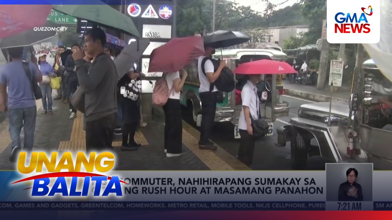 Mga commuter, nahihirapang sumakay sa gitna ng rush hour at masamang panahon | Unang Balita