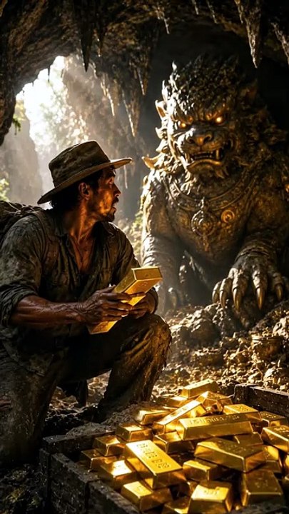 🌄 A hardworking farmer entered a forgotten cave and uncovered stacks of mysterious gold bars... but the treasure wasn't abandoned. An ancient guardian was already watching. 👀 Would you keep searching or leave wh
