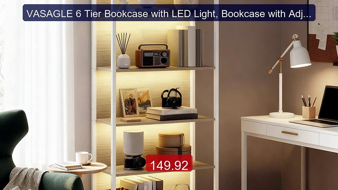 VASAGLE 6 Tier Bookcase with LED Light, Bookcase with Adjusta... -- Amazing Value 2026 | Must Have!