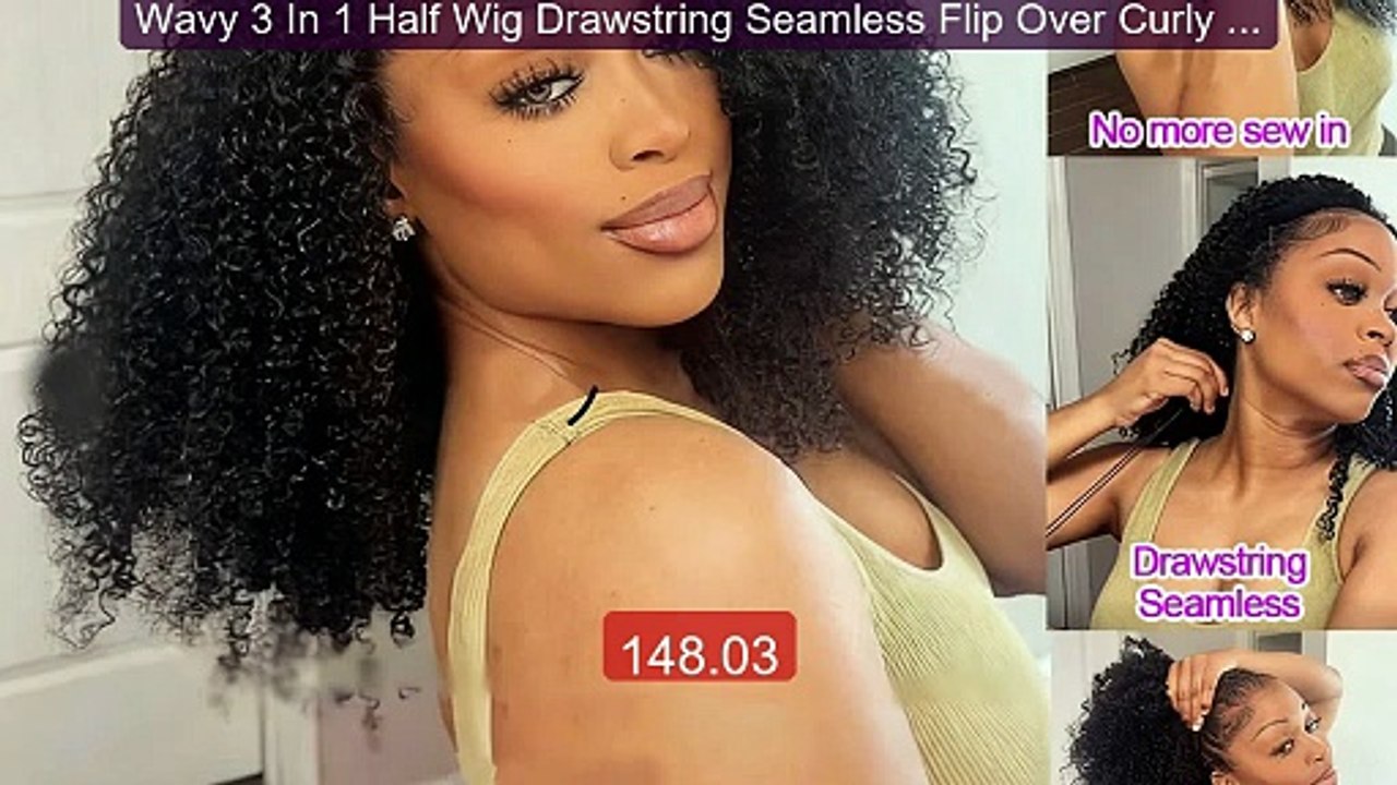 Wavy 3 In 1 Half Wig Drawstring Seamless Flip Over Curly Half Wig ... -- Best Deal 2026 | Shop Now!